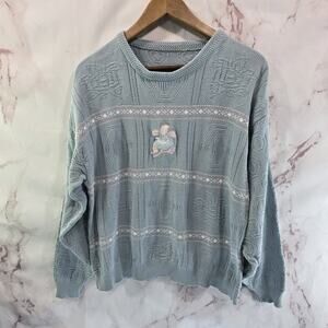 Vintage 90s Sweater Womens Large Baby Blue Pink Granny Crew Embroidered